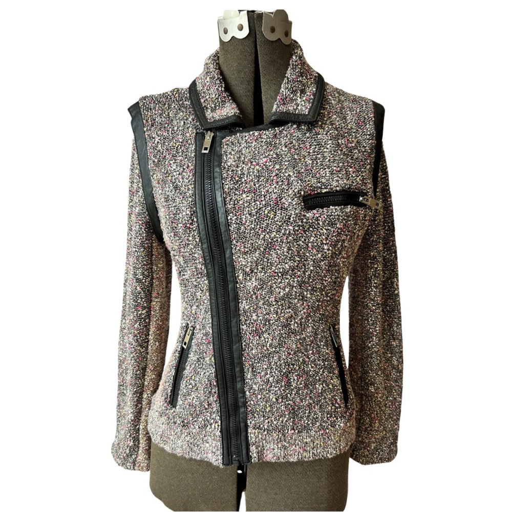 RAG & BONE Hart Tweed Biker Moto Jacket Pink/Ivory/Black,  Leather Trim, Med.